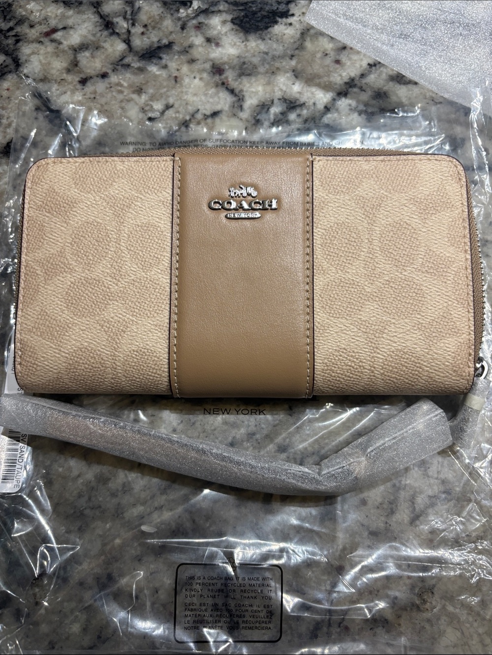Coach Sand/Taupe Signature Zip Wallet Wristlet with Silver Hardware
